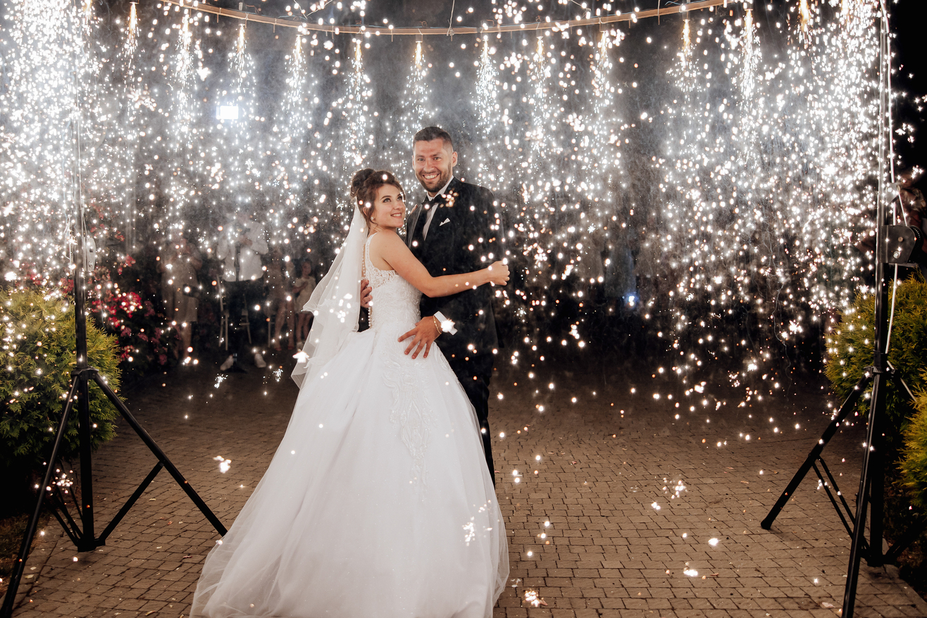 First wedding dance of newlywed. Happy bride and groom their first dance. brides wedding party in the elegant restaurant with a wonderful light and atmosphere